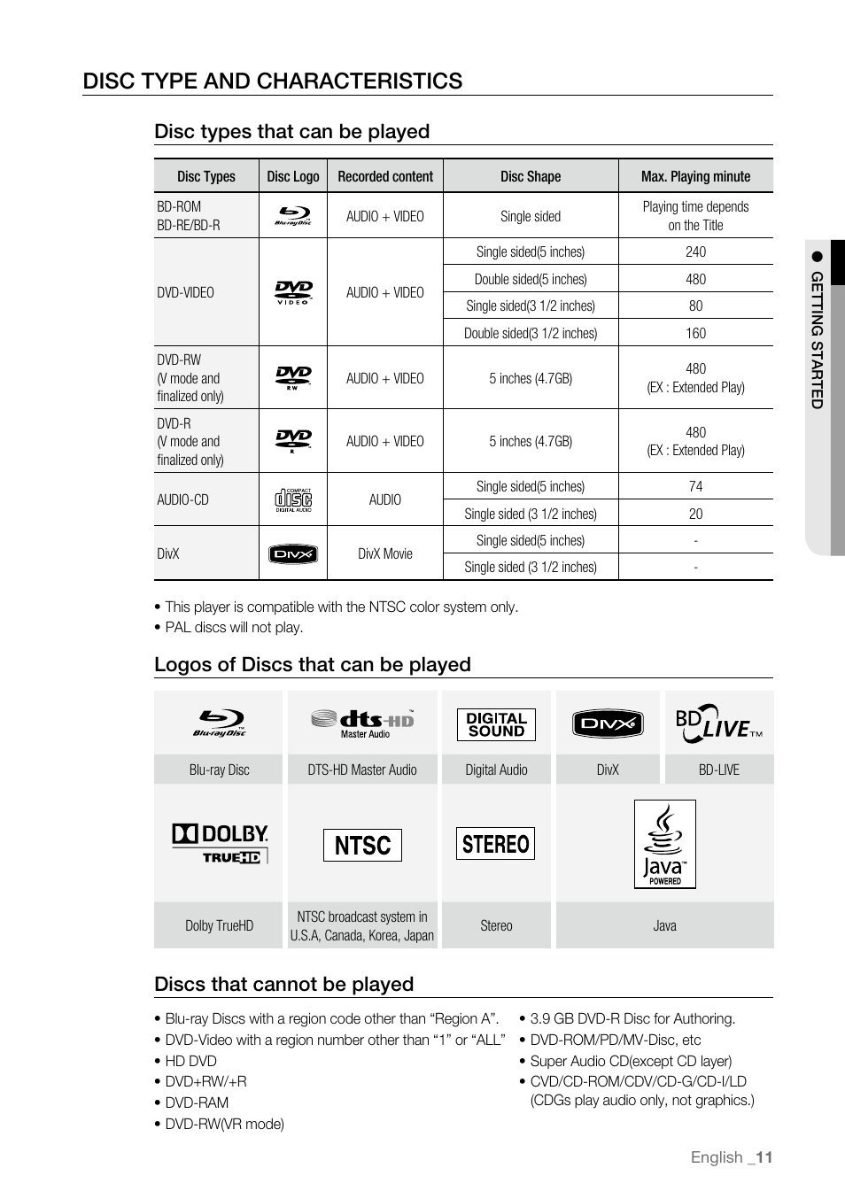 Disc type and characteristics, Disc types that can be played, Logos of discs that can be played | Discs that cannot be played | Samsung BD-P3600-XAA User Manual | Page 11 / 104