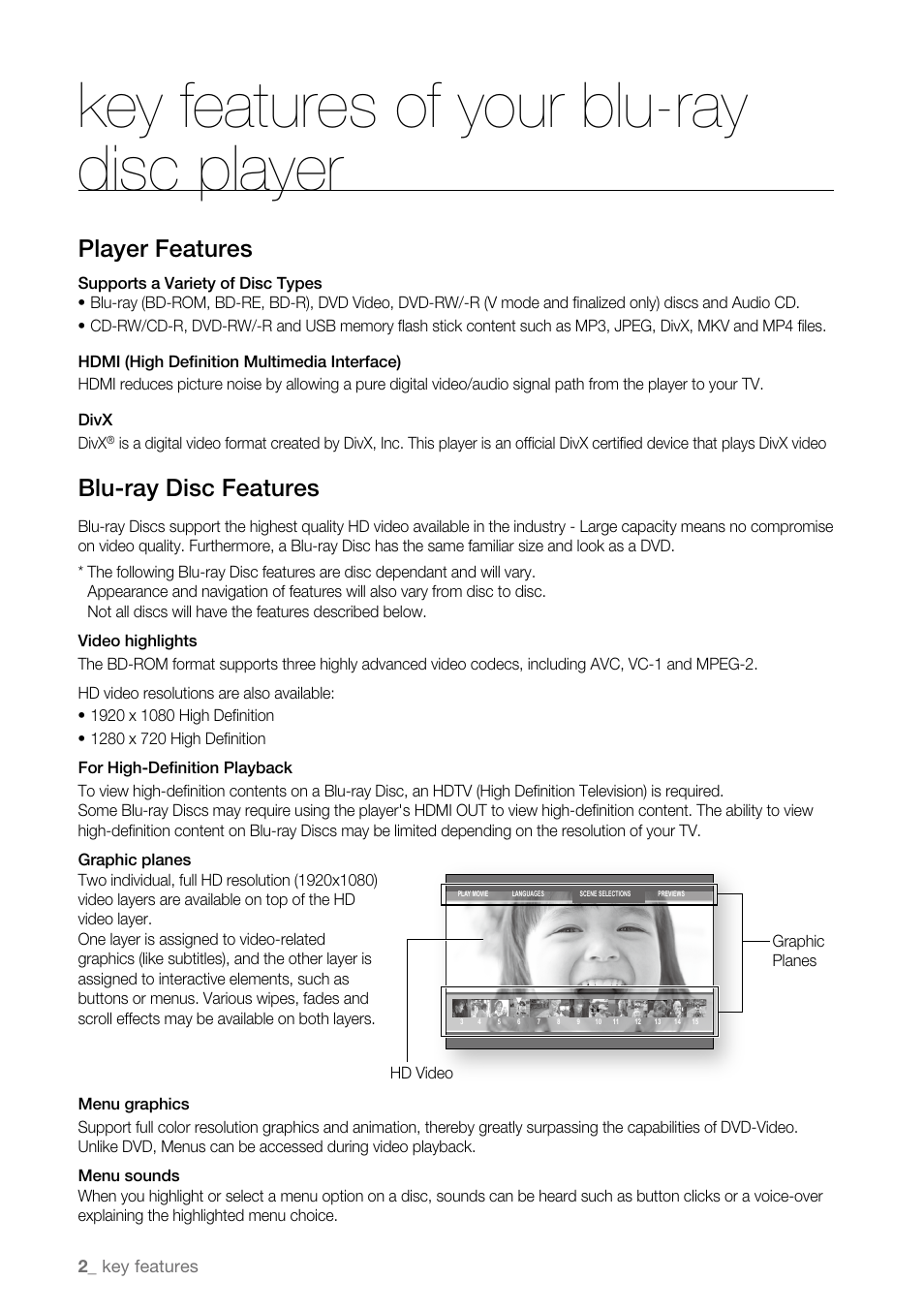 Key features of your blu-ray disc player, Player features, Blu-ray disc features | Samsung BD-P3600-XAA User Manual | Page 2 / 104