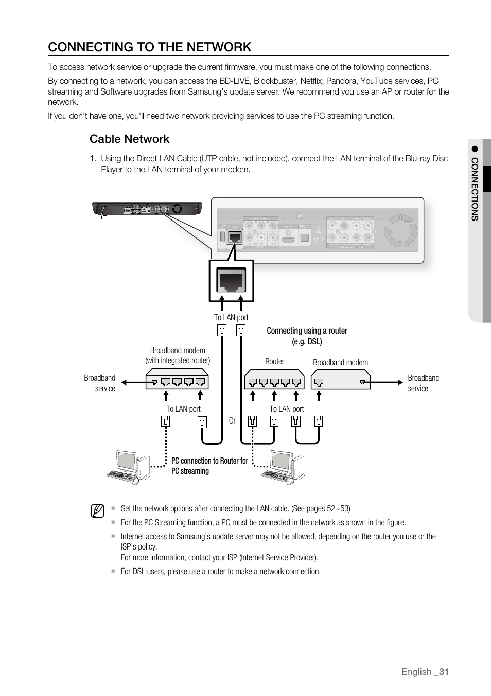 Connecting to the network, Cable network | Samsung BD-P3600-XAA User Manual | Page 31 / 104