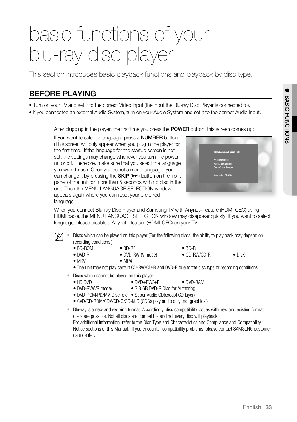 Basic functions of your blu-ray disc player, Before playing | Samsung BD-P3600-XAA User Manual | Page 33 / 104