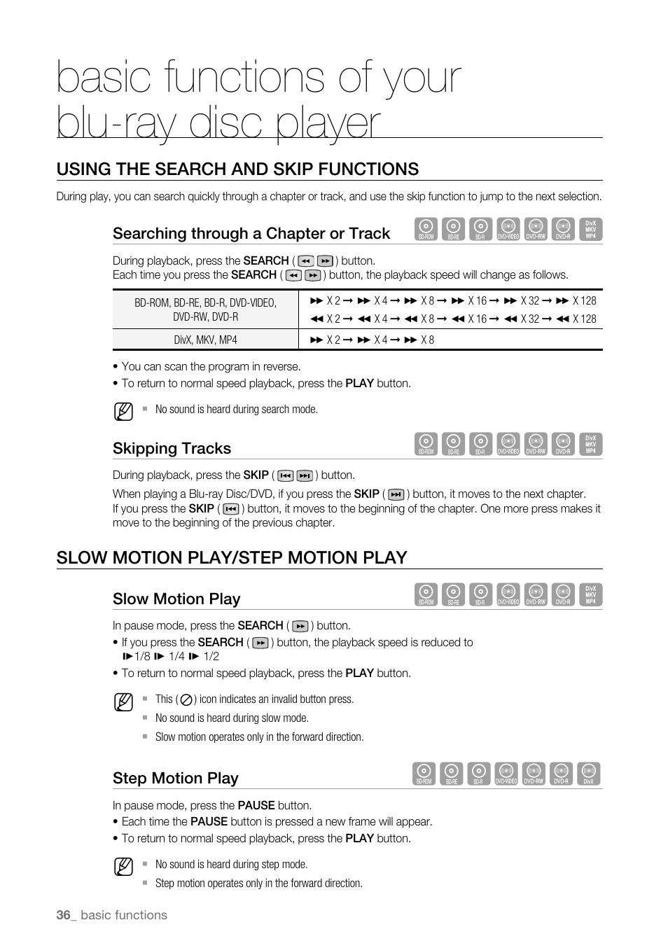 Using the search and skip functions, Slow motion play/step motion play, Basic functions of your blu-ray disc player | Hgfzcv, Hgfzcvd | Samsung BD-P3600-XAA User Manual | Page 36 / 104