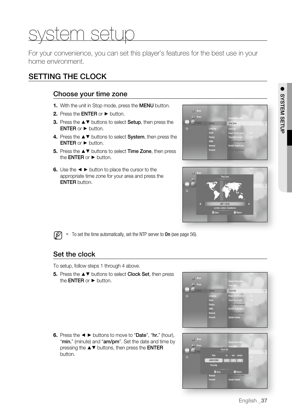 System setup, Setting the clock, Choose your time zone | Set the clock, English | Samsung BD-P3600-XAA User Manual | Page 37 / 104