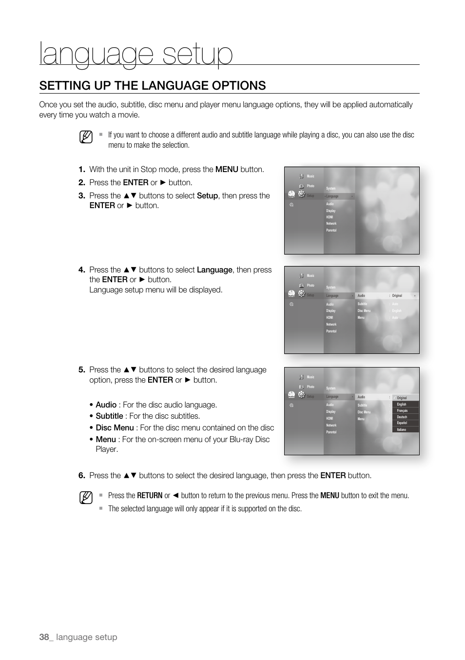 Language setup, Setting up the language options | Samsung BD-P3600-XAA User Manual | Page 38 / 104