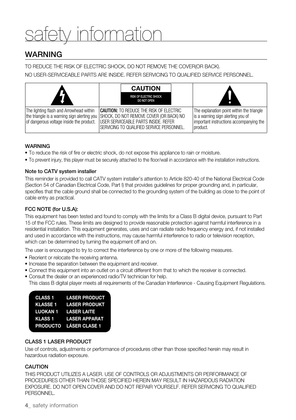 Safety information, Warning | Samsung BD-P3600-XAA User Manual | Page 4 / 104