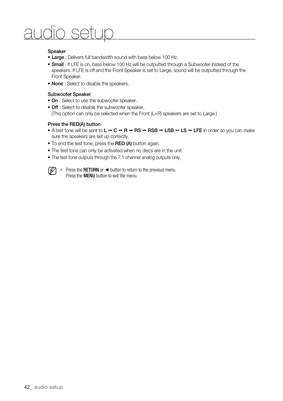 Audio setup | Samsung BD-P3600-XAA User Manual | Page 42 / 104