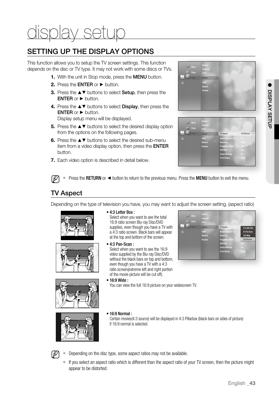 Display setup, Setting up the display options, Tv aspect | English | Samsung BD-P3600-XAA User Manual | Page 43 / 104