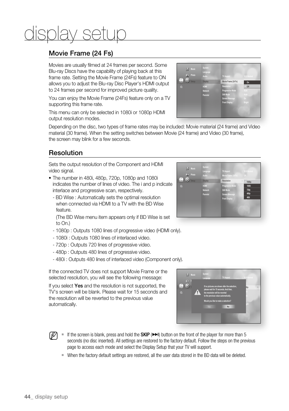Movie frame (24 fs), Resolution, Display setup | Samsung BD-P3600-XAA User Manual | Page 44 / 104