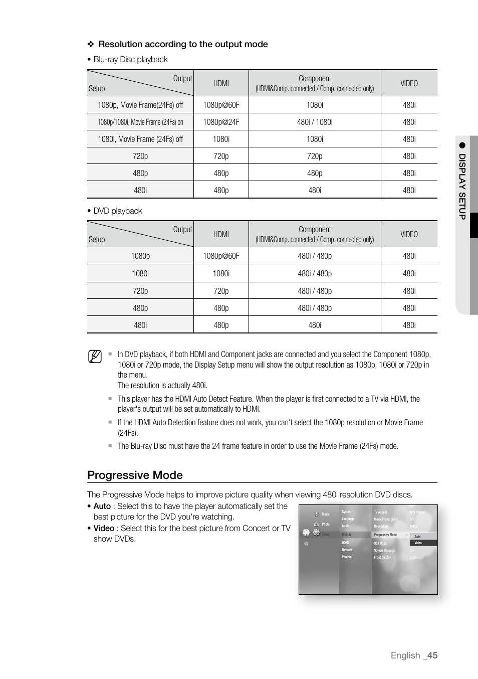 Progressive mode, English, Resolution according to the output mode | Samsung BD-P3600-XAA User Manual | Page 45 / 104