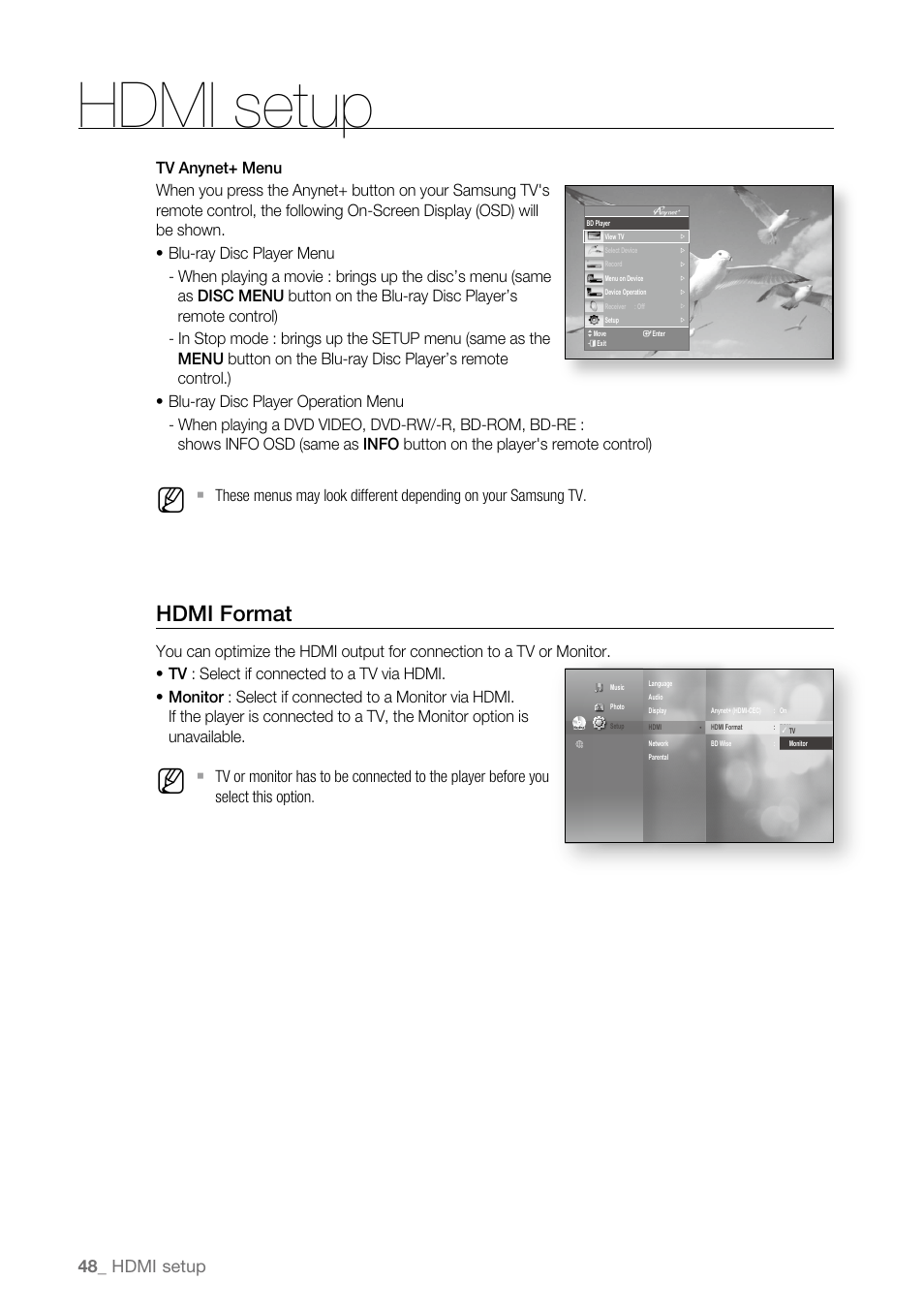 Hdmi format, Hdmi setup | Samsung BD-P3600-XAA User Manual | Page 48 / 104