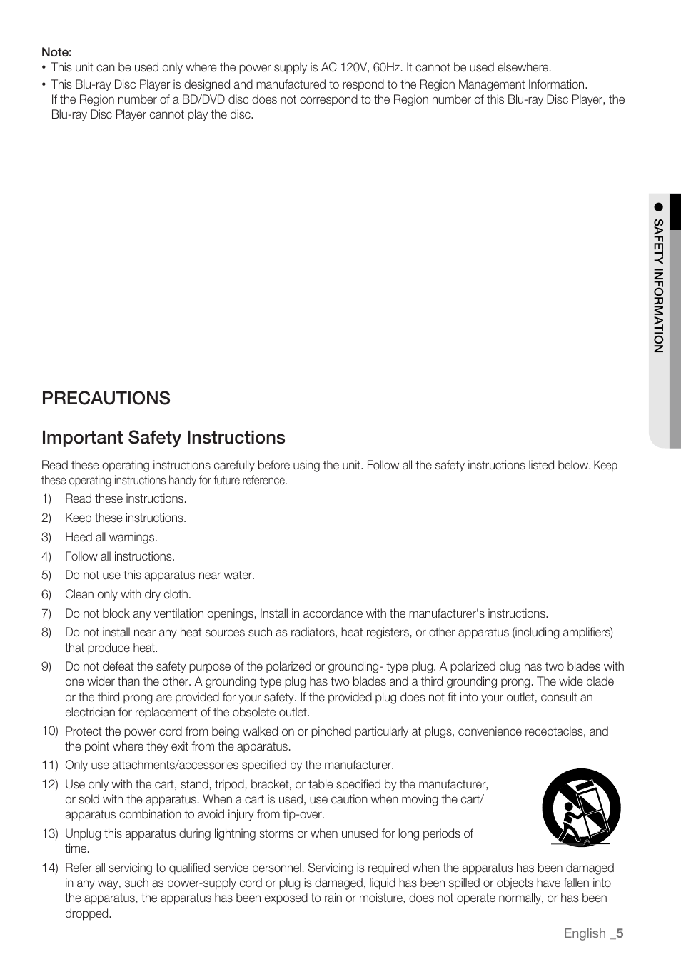 Precautions, Precautions important safety instructions | Samsung BD-P3600-XAA User Manual | Page 5 / 104