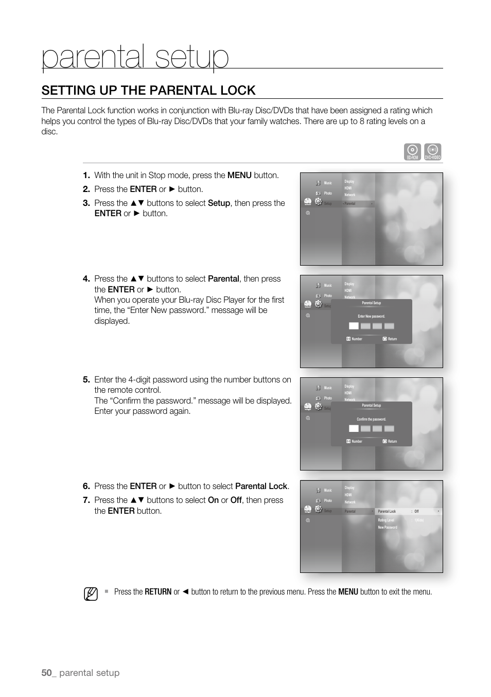 Parental setup, Setting up the parental lock, 0_ parental setup | Samsung BD-P3600-XAA User Manual | Page 50 / 104