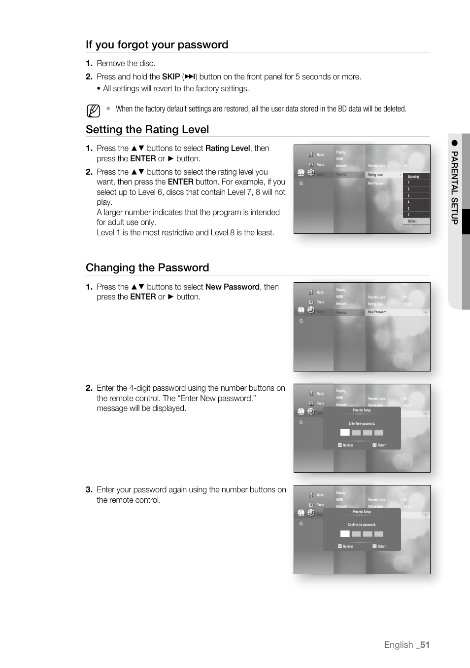 If you forgot your password, Setting the rating level, Changing the password | English _1 | Samsung BD-P3600-XAA User Manual | Page 51 / 104