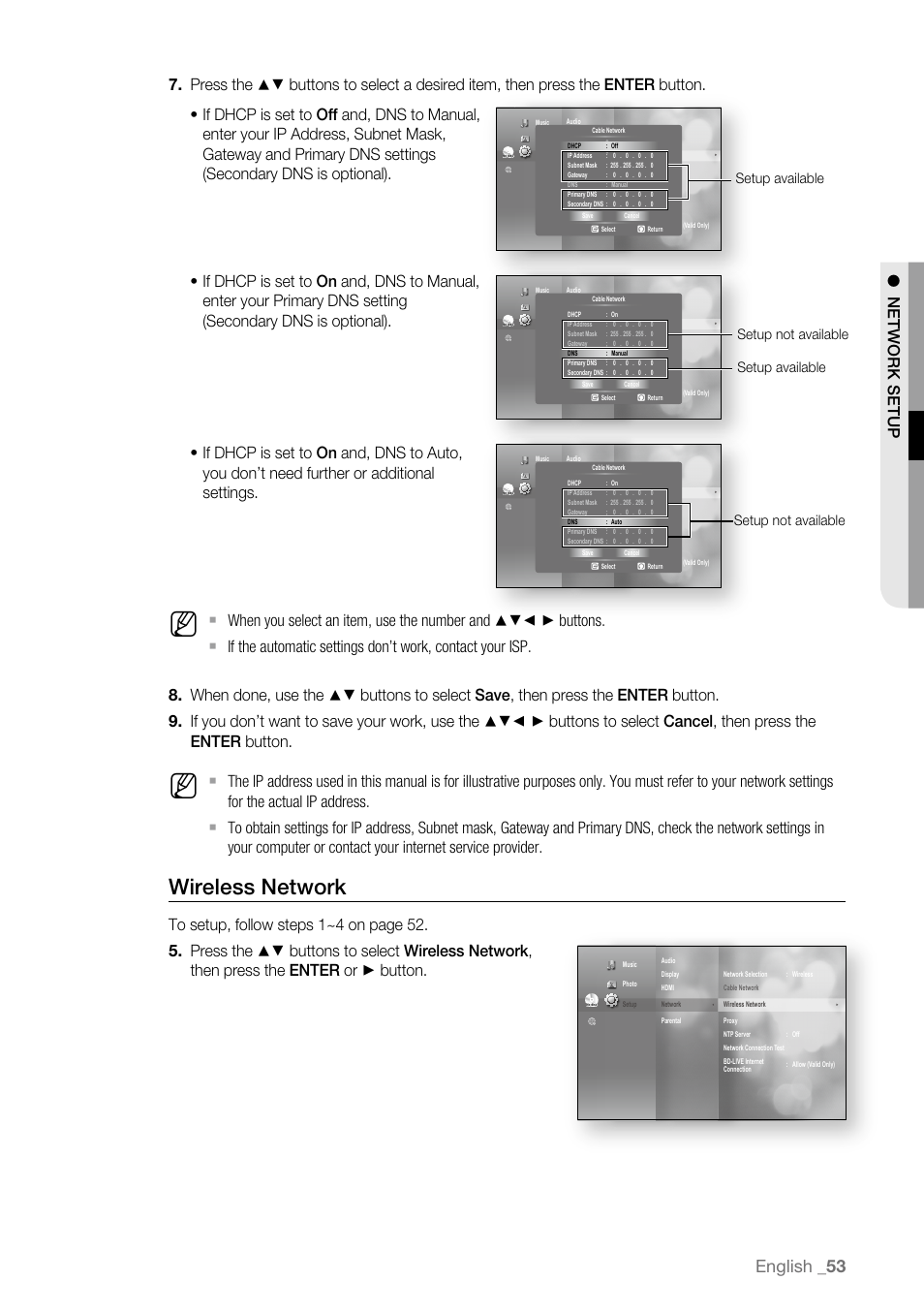 Wireless network, English, Setup available | Setup not available setup available, Setup not available | Samsung BD-P3600-XAA User Manual | Page 53 / 104