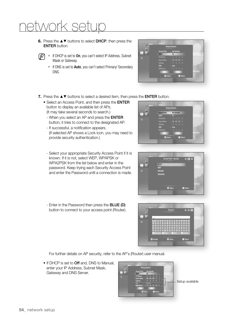 Network setup, Setup available | Samsung BD-P3600-XAA User Manual | Page 54 / 104