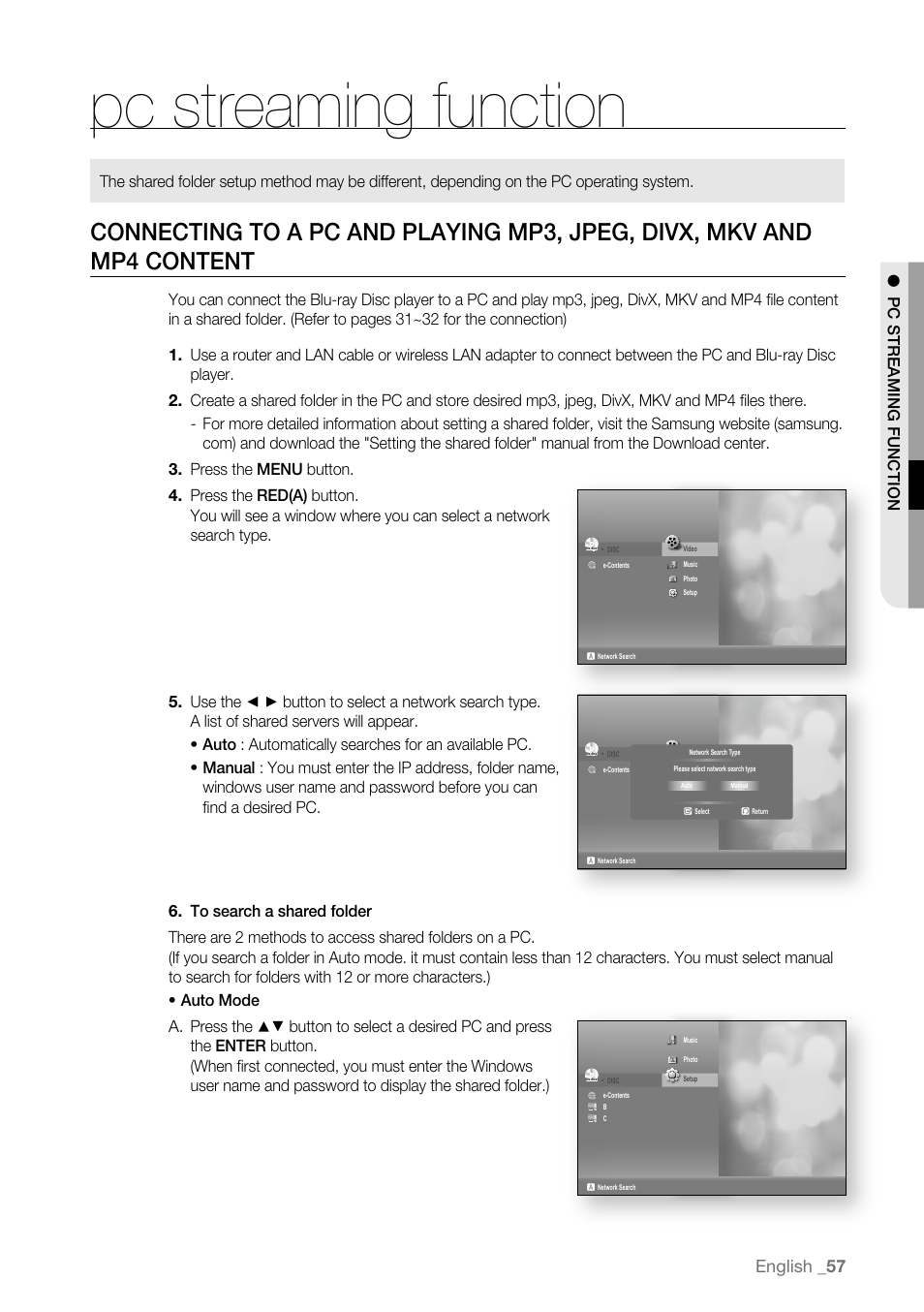Pc streaming function, English | Samsung BD-P3600-XAA User Manual | Page 57 / 104