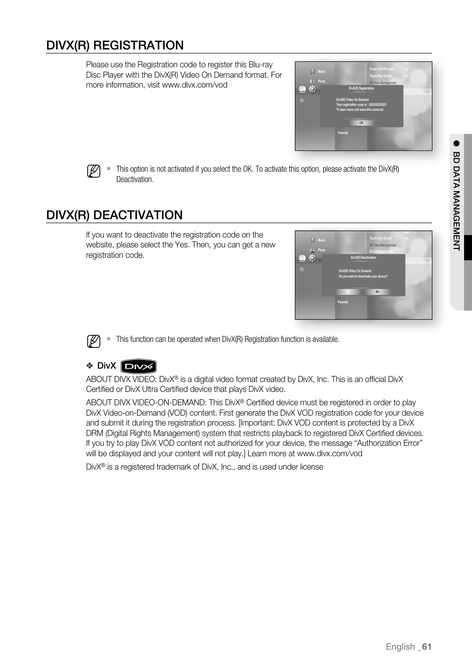 Divx(r) registration, Divx(r) deactivation, English _1 | Divx, About divx video: divx | Samsung BD-P3600-XAA User Manual | Page 61 / 104