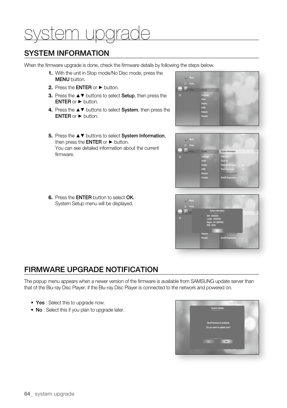 System information, Firmware upgrade notification, System upgrade | Samsung BD-P3600-XAA User Manual | Page 64 / 104