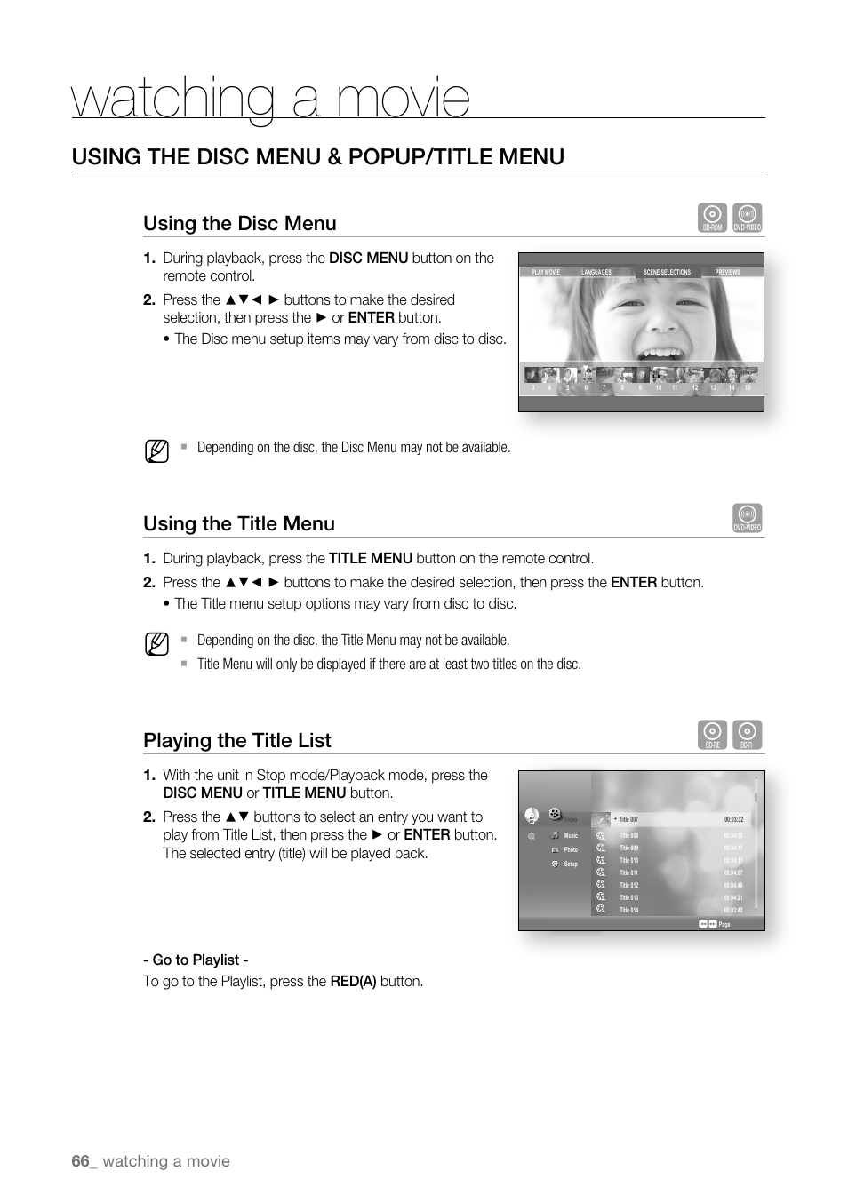 Using the disc menu & popup/title menu, Using the disc menu, Using the title menu | Playing the title list, Watching a movie | Samsung BD-P3600-XAA User Manual | Page 66 / 104