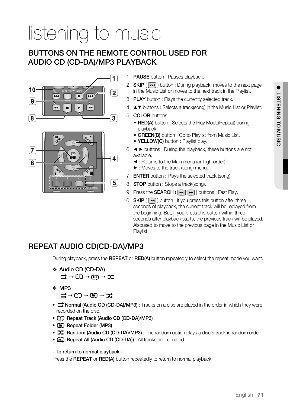 Listening to music, Repeat audio cd(cd-da)/mp3 | Samsung BD-P3600-XAA User Manual | Page 71 / 104