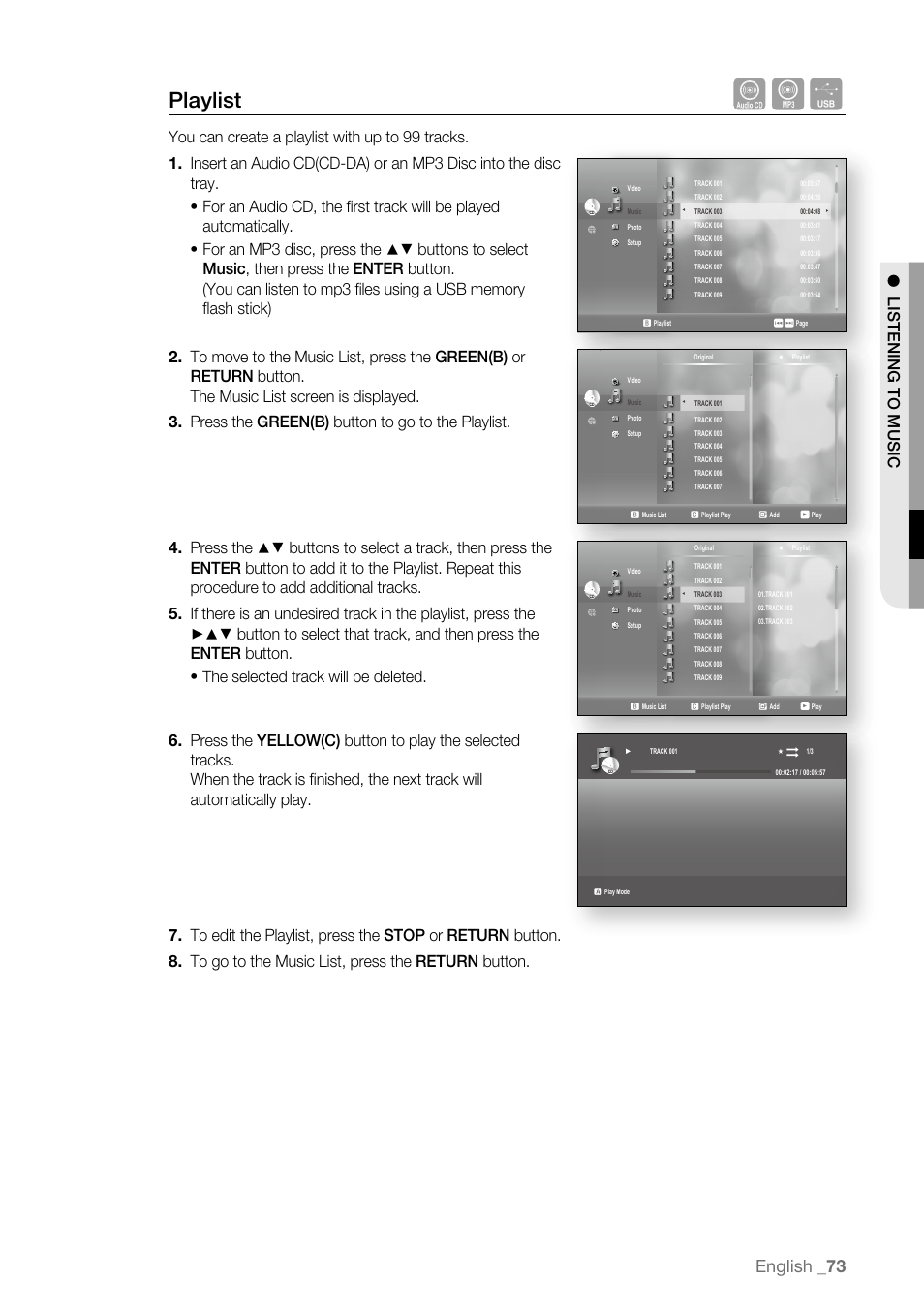 Playlist, English, List e ning to m u si c | Samsung BD-P3600-XAA User Manual | Page 73 / 104