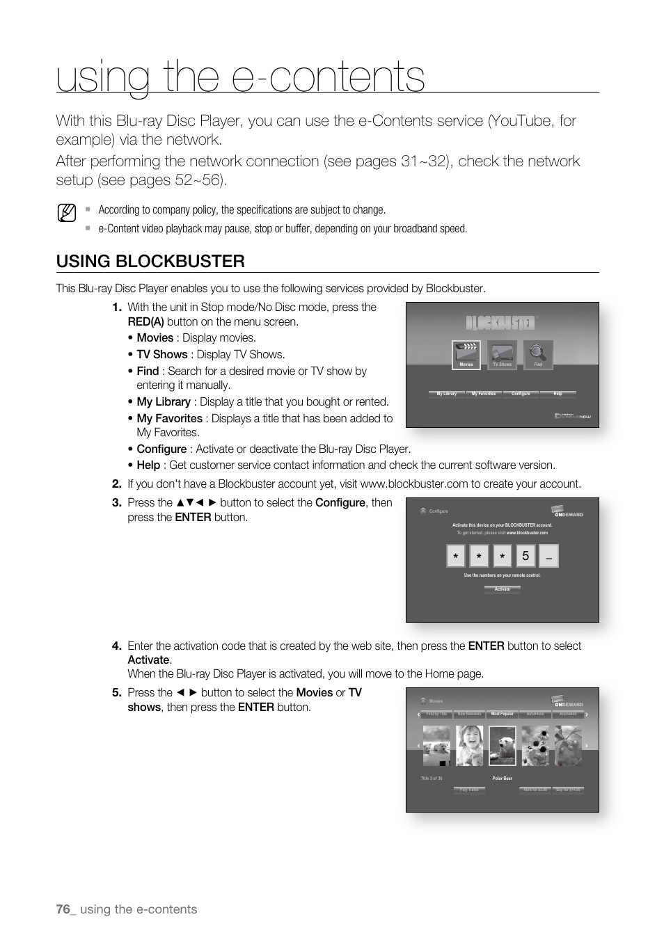 Using the e-contents, Using blockbuster | Samsung BD-P3600-XAA User Manual | Page 76 / 104