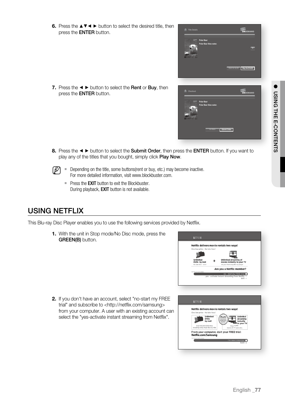 Using netflix | Samsung BD-P3600-XAA User Manual | Page 77 / 104