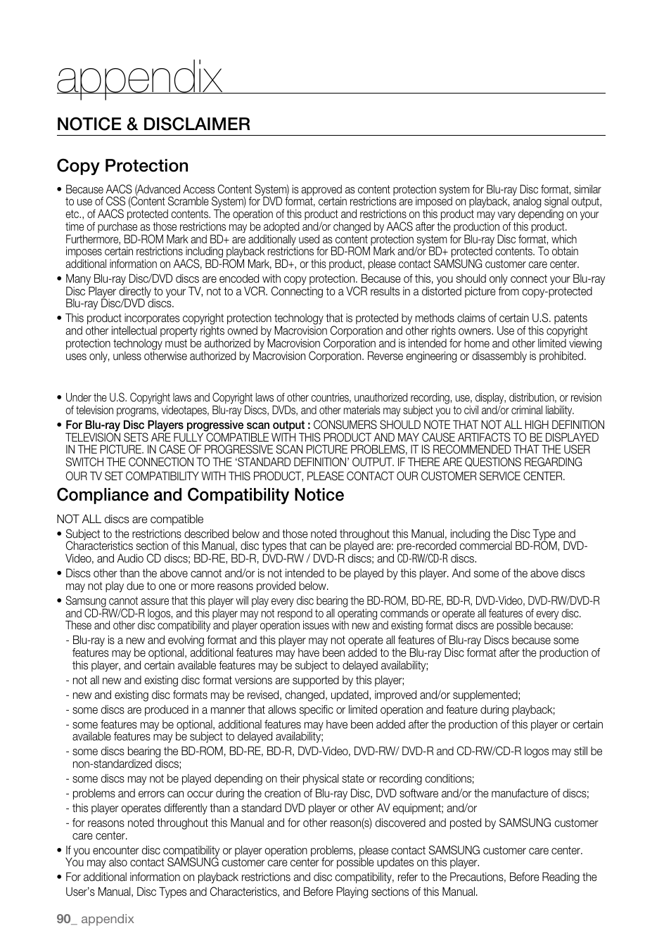 Notice & disclaimer, Appendix, Notice & disclaimer copy protection | Compliance and compatibility notice | Samsung BD-P3600-XAA User Manual | Page 90 / 104