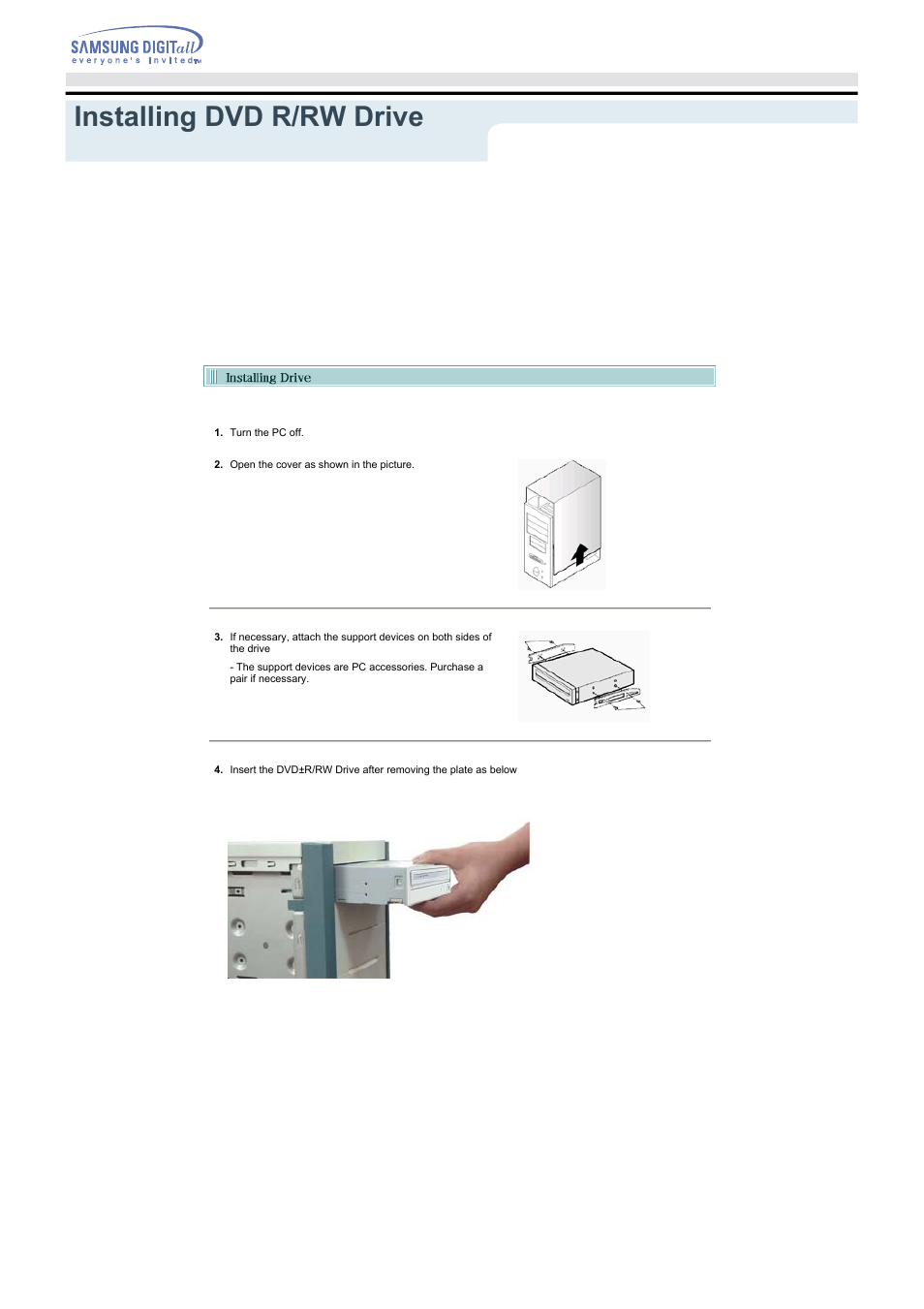 Installing dvd r/rw drive and connecting cables, Installing dvd r/rw drive, And connecting cables | Samsung SH-W08AEN User Manual | Page 11 / 26