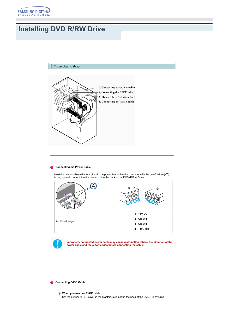 Installing dvd r/rw drive, And connecting cables | Samsung SH-W08AEN User Manual | Page 12 / 26