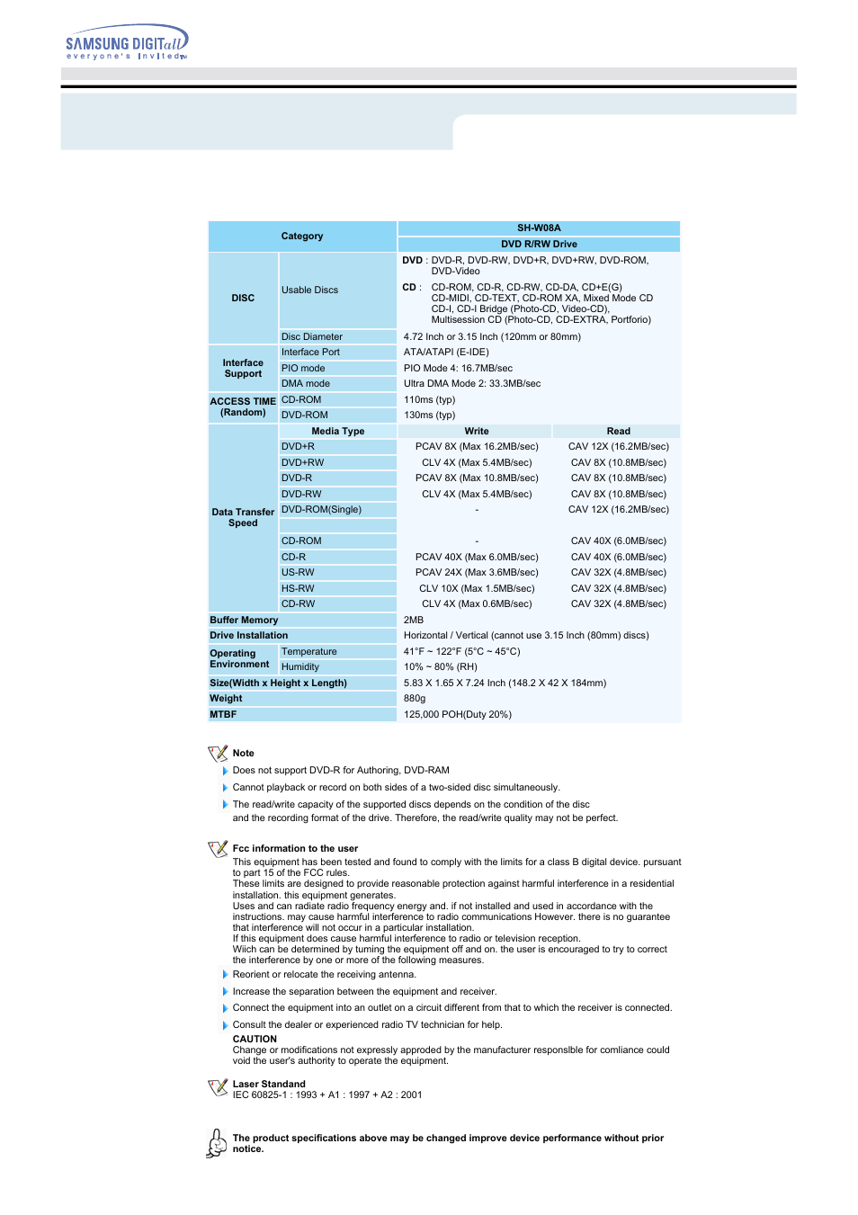 Specifications | Samsung SH-W08AEN User Manual | Page 26 / 26