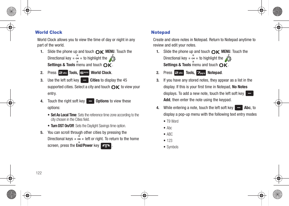 World clock, Notepad, World clock notepad | For more information, refer to “world clock” on | Samsung SCH-U490NKAVZW User Manual | Page 126 / 158