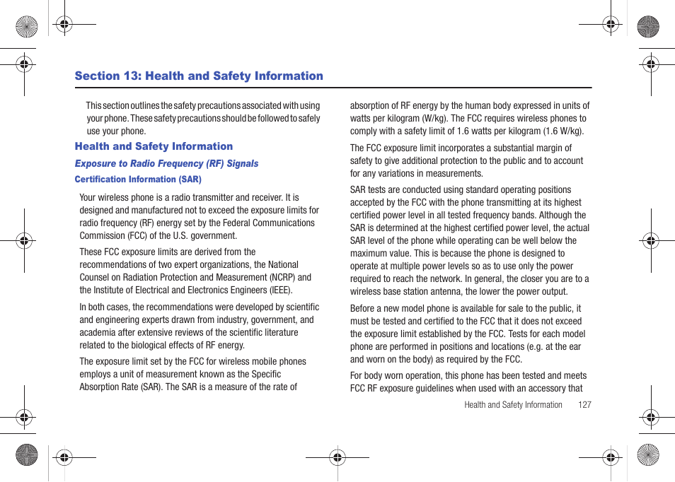 Section 13: health and safety information, Health and safety information | Samsung SCH-U490NKAVZW User Manual | Page 131 / 158