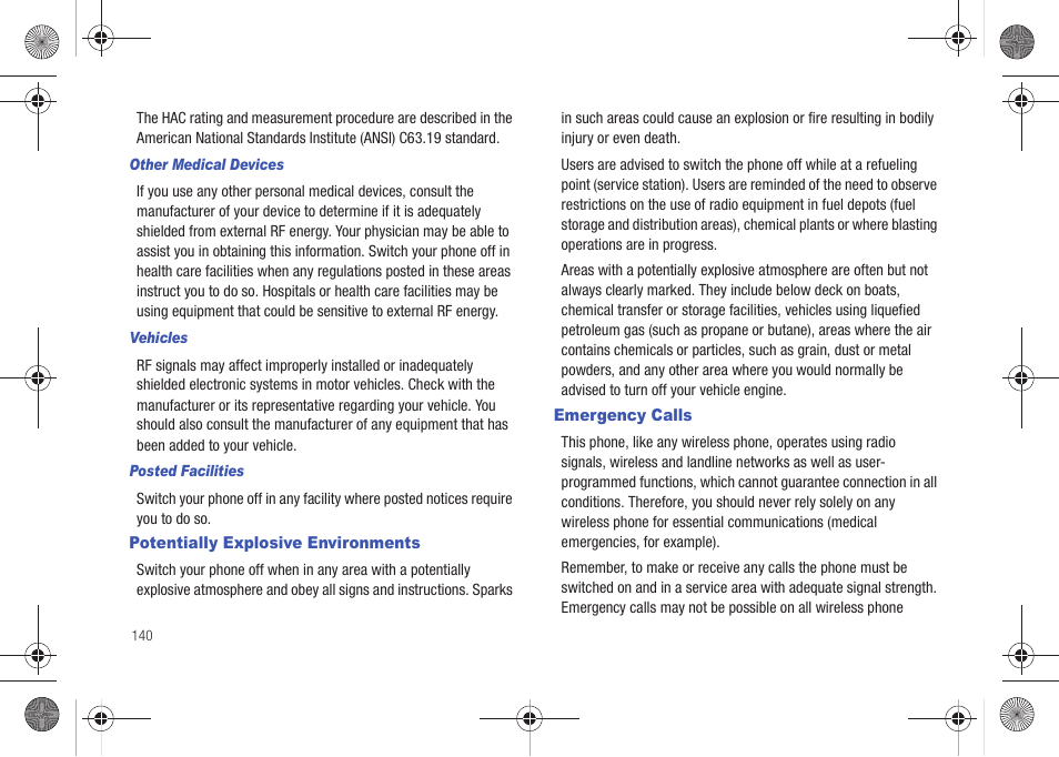 Potentially explosive environments, Emergency calls, Potentially explosive environments emergency calls | Samsung SCH-U490NKAVZW User Manual | Page 144 / 158