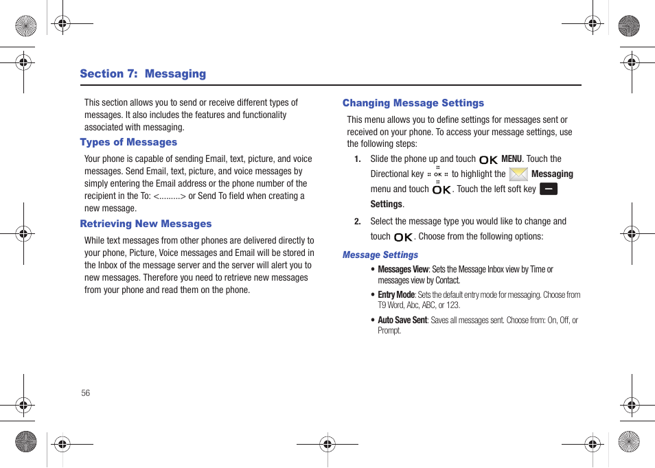 Section 7: messaging, Types of messages, Retrieving new messages | Changing message settings | Samsung SCH-U490NKAVZW User Manual | Page 60 / 158