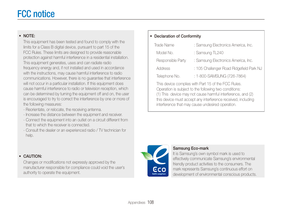 Fcc notice | Samsung EC-TL240ZBPBUS User Manual | Page 109 / 113