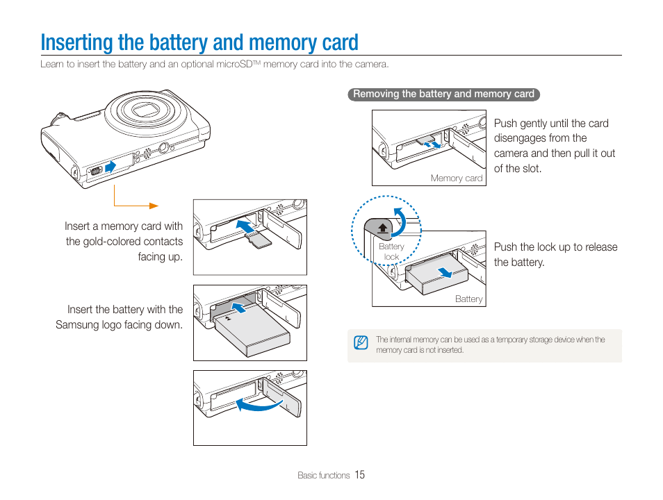 Inserting the battery and memory card | Samsung EC-TL240ZBPBUS User Manual | Page 16 / 113