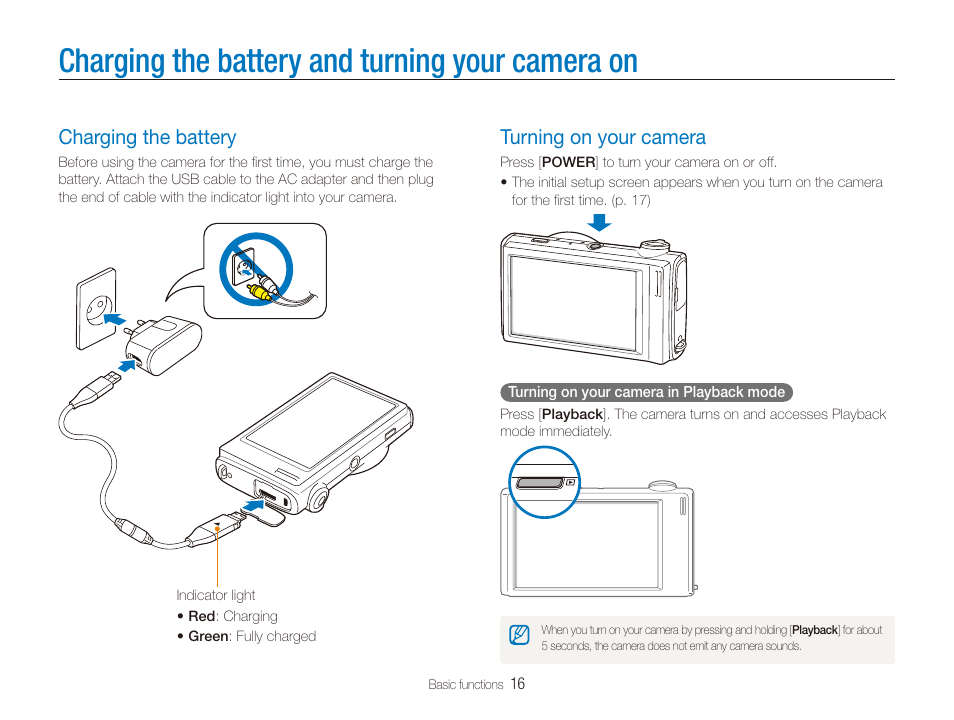 Charging the battery and turning your camera on, Charging the battery, Turning on your camera | Charging the battery and turning your, Camera on, Charging the battery ………………………… 16, Turning on your camera ……………………… 16 | Samsung EC-TL240ZBPBUS User Manual | Page 17 / 113