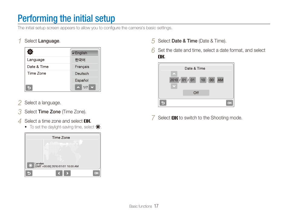 Performing the initial setup | Samsung EC-TL240ZBPBUS User Manual | Page 18 / 113