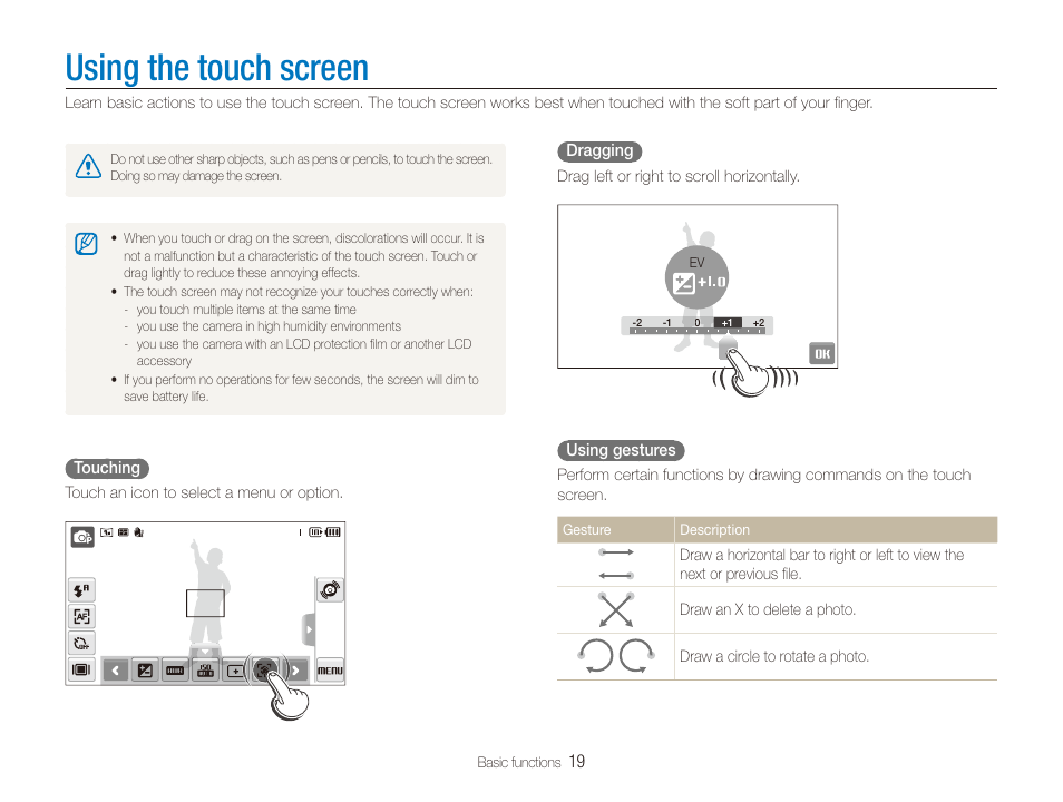 Using the touch screen | Samsung EC-TL240ZBPBUS User Manual | Page 20 / 113