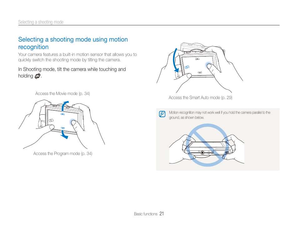 Selecting a shooting mode using motion recognition, Selecting a shooting mode using motion, Recognition …………………………………… 21 | Samsung EC-TL240ZBPBUS User Manual | Page 22 / 113
