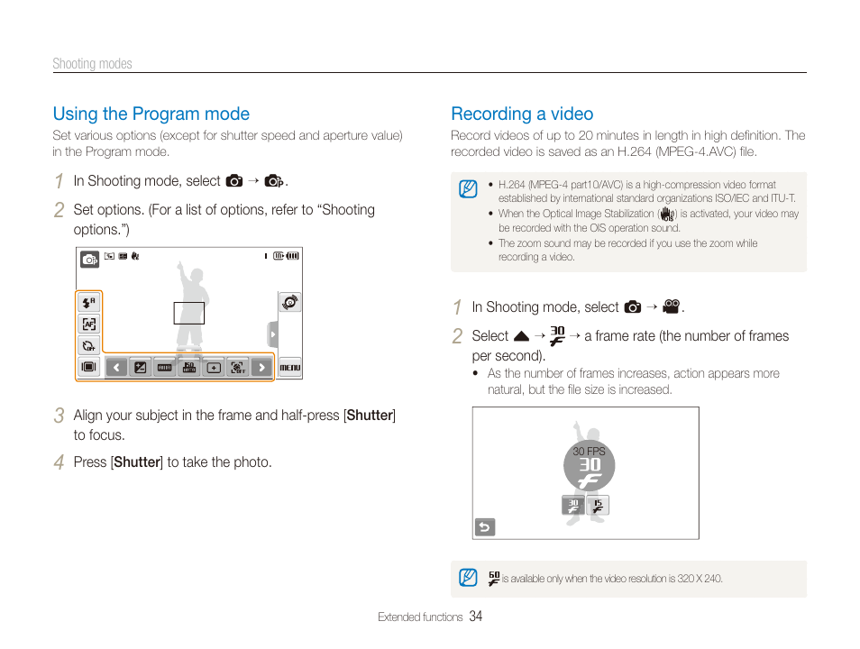 Using the program mode, Recording a video | Samsung EC-TL240ZBPBUS User Manual | Page 35 / 113