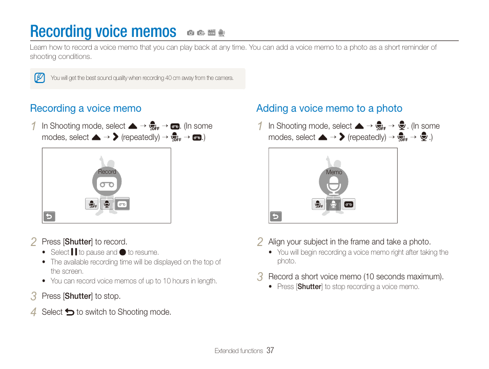 Recording voice memos, Recording a voice memo, Adding a voice memo to a photo | Samsung EC-TL240ZBPBUS User Manual | Page 38 / 113
