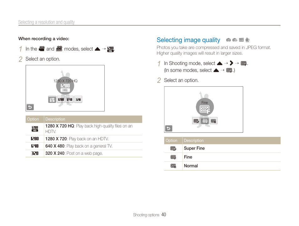 Selecting image quality, Selecting image quality ……………………… 40 | Samsung EC-TL240ZBPBUS User Manual | Page 41 / 113