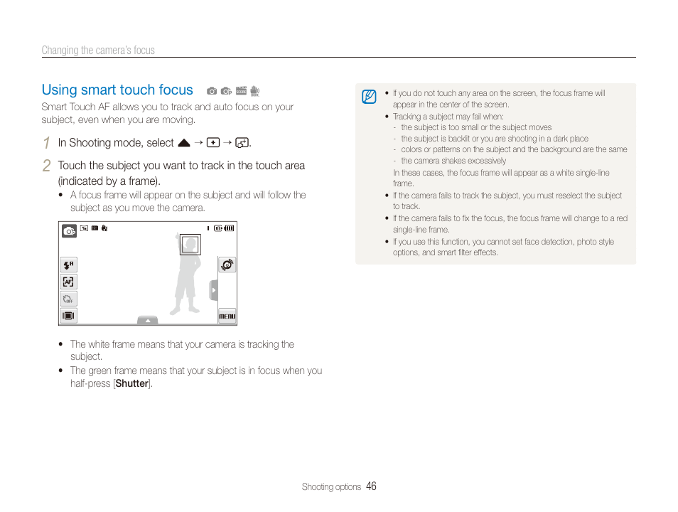 Using smart touch focus, Using smart touch focus …………………… 46 | Samsung EC-TL240ZBPBUS User Manual | Page 47 / 113