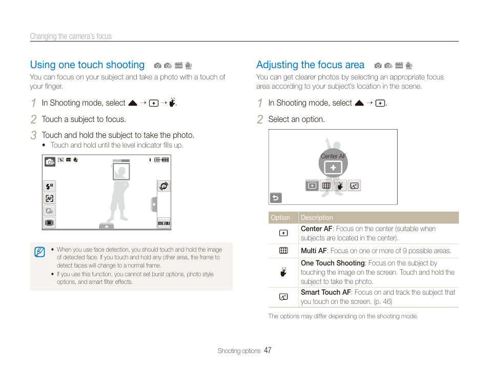 Using one touch shooting, Adjusting the focus area, Using one touch shooting …………………… 47 | Adjusting the focus area ……………………… 47 | Samsung EC-TL240ZBPBUS User Manual | Page 48 / 113
