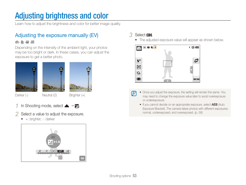 Adjusting brightness and color, Adjusting the exposure manually (ev), Adjust the exposure. (p | Adjusting the exposure manually (ev) ……… 53 | Samsung EC-TL240ZBPBUS User Manual | Page 54 / 113