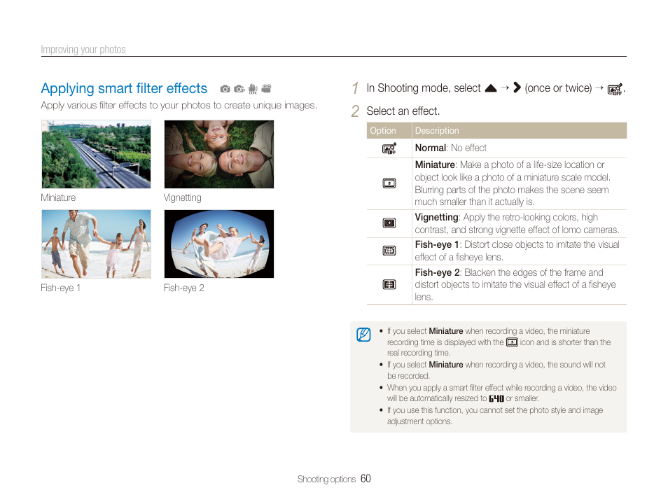 Applying smart filter effects, Applying smart ﬁlter effects, Applying smart ﬁlter effects ………………… 60 | Samsung EC-TL240ZBPBUS User Manual | Page 61 / 113
