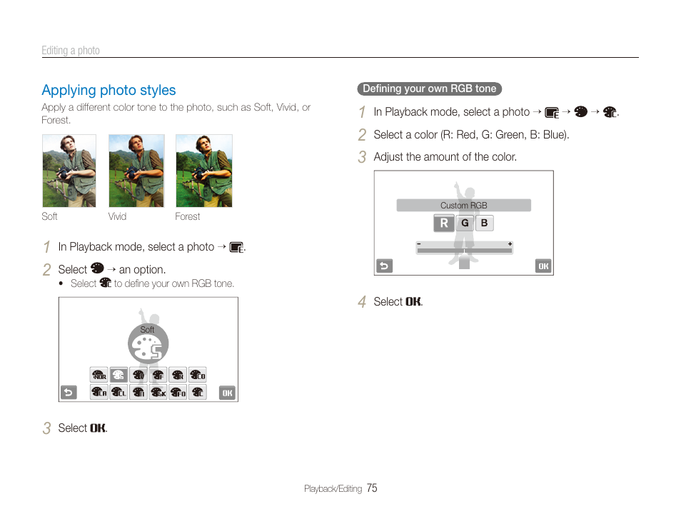 Applying photo styles, Applying photo styles ………………………… 75 | Samsung EC-TL240ZBPBUS User Manual | Page 76 / 113