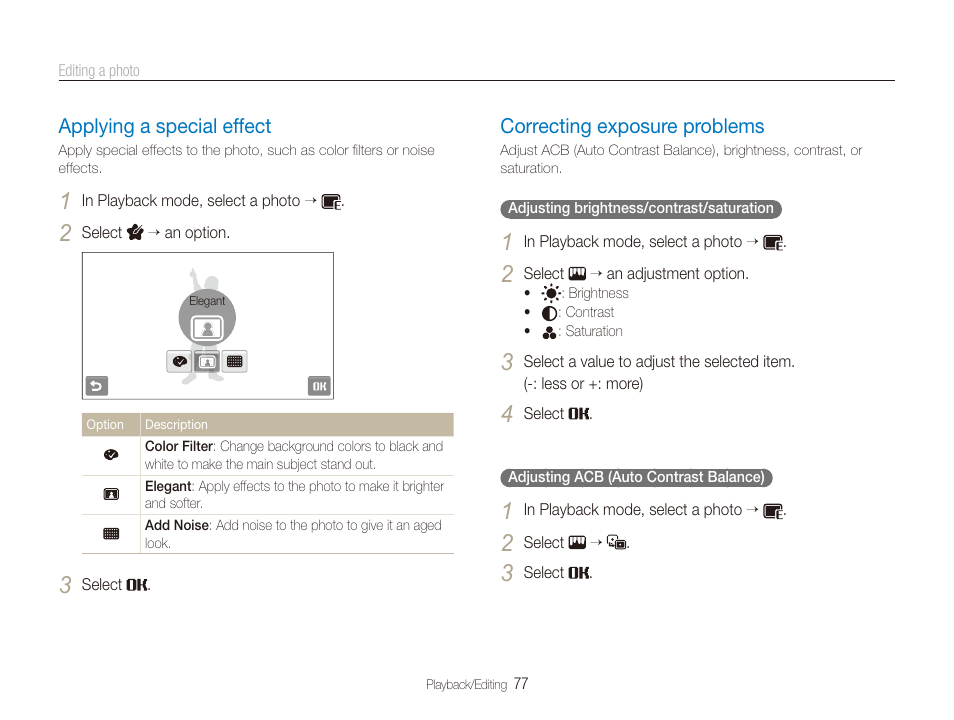 Applying a special effect, Correcting exposure problems, Applying a special effect ……………………… 77 | Correcting exposure problems ……………… 77 | Samsung EC-TL240ZBPBUS User Manual | Page 78 / 113