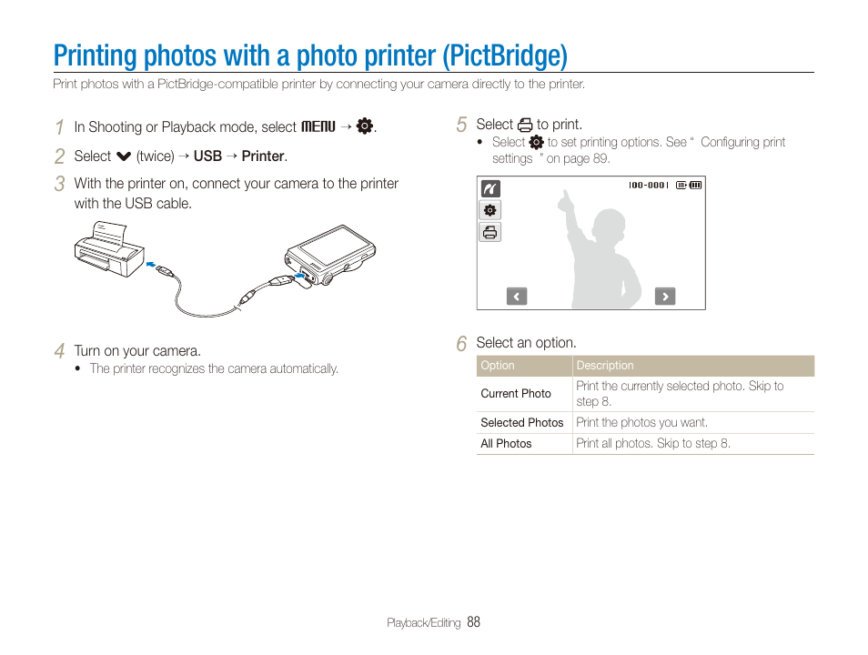 Printing photos with a photo printer (pictbridge), Printing photos with a photo printer, Pictbridge) | Samsung EC-TL240ZBPBUS User Manual | Page 89 / 113